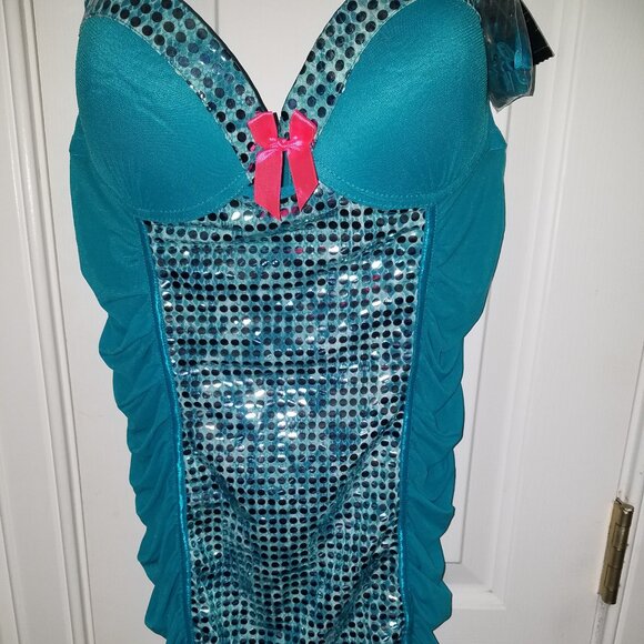 Passion Forever Bustier Embelished Slip Lingerie XL TealColor Silver Sequin NWT - Picture 4 of 10